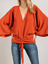 Waist Cinched V Neck Blouse