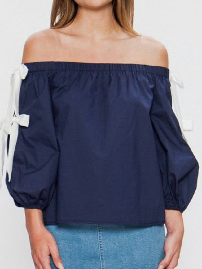 Navy Bow Detail Off Shoulder Top