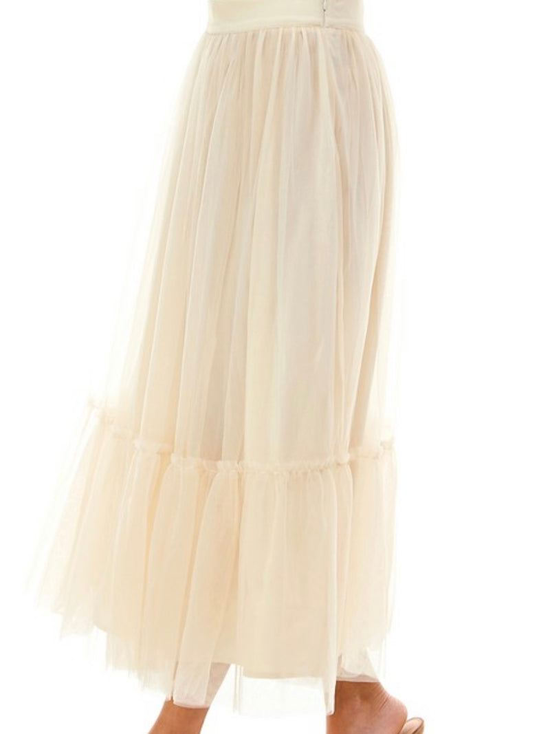 Cream Tiered TUlle Midi Skirt