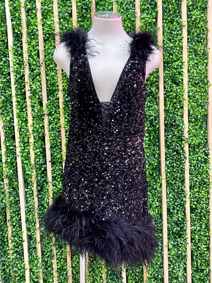 Exquisite Feather Detail Sequin Dress