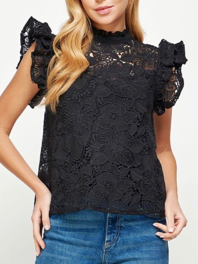 Black Lace Ruffled Neck Blouse