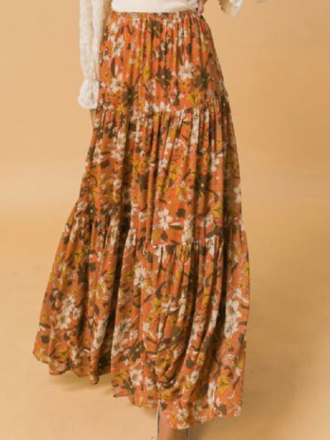 Dark Rust Floral Maxi Skirt