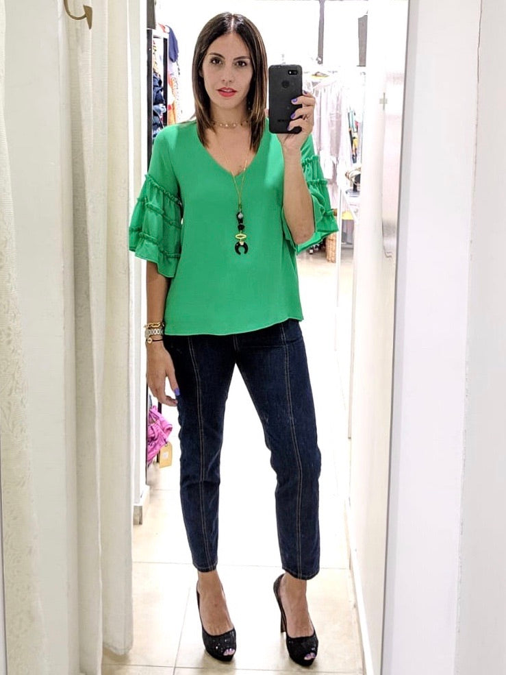 Kelly Green Ruffles V Neck