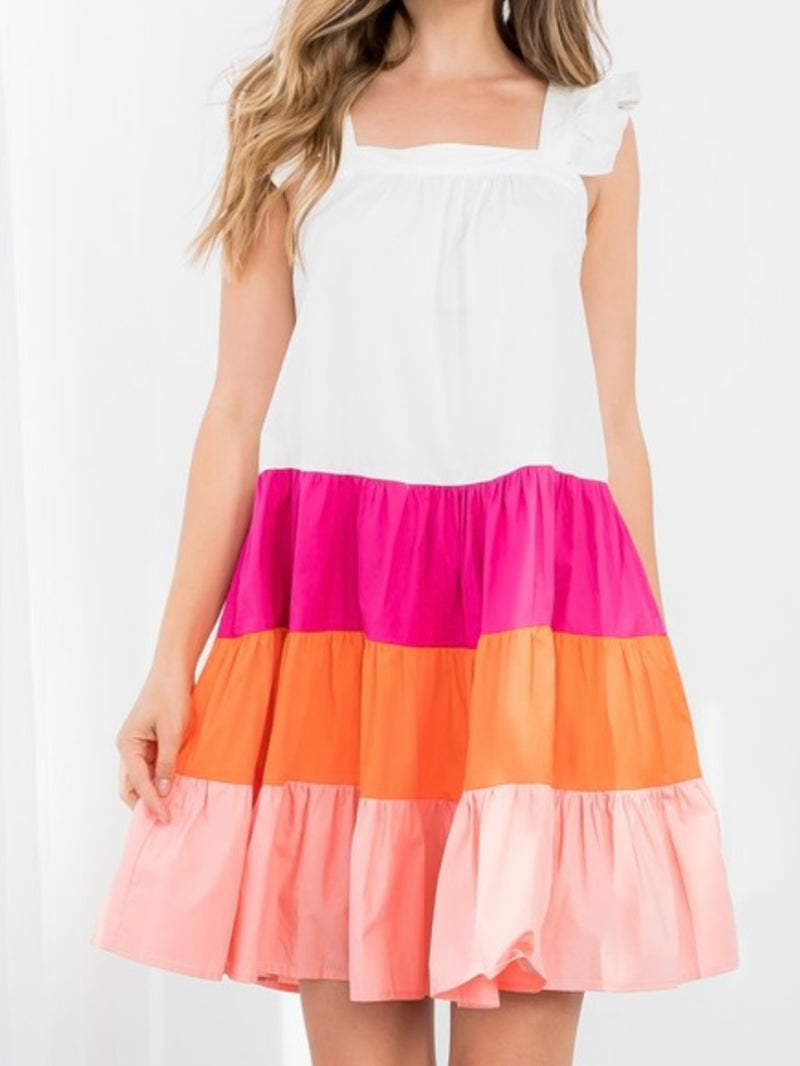 Angel Sleeve Color Blocked Short Dress