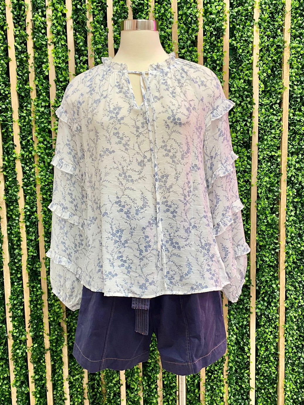 Blue Floral Tiered Long Sleeve Blouse