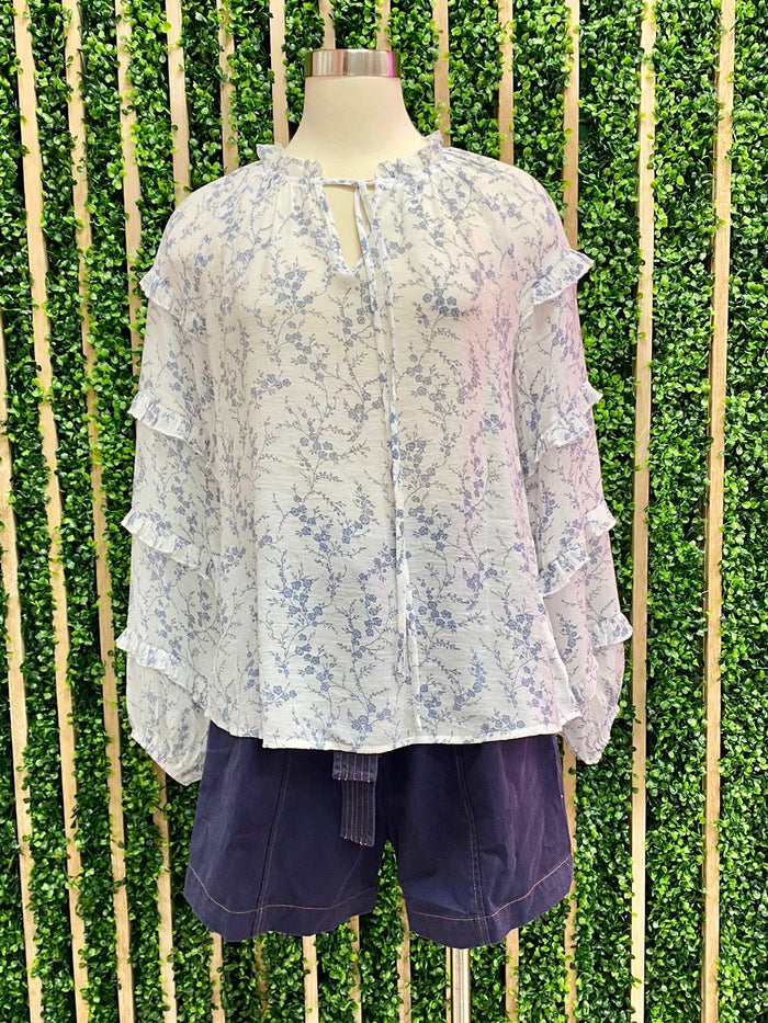 Blue Floral Tiered Long Sleeve Blouse