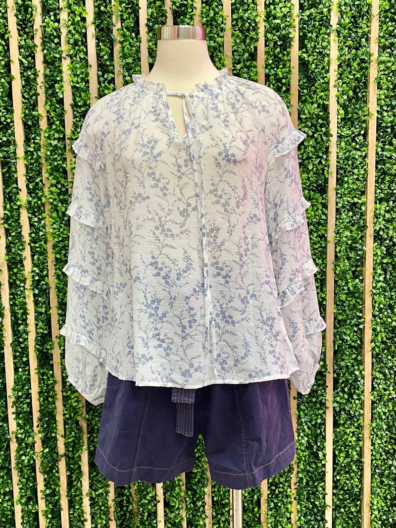 Blue Floral Tiered Long Sleeve Blouse