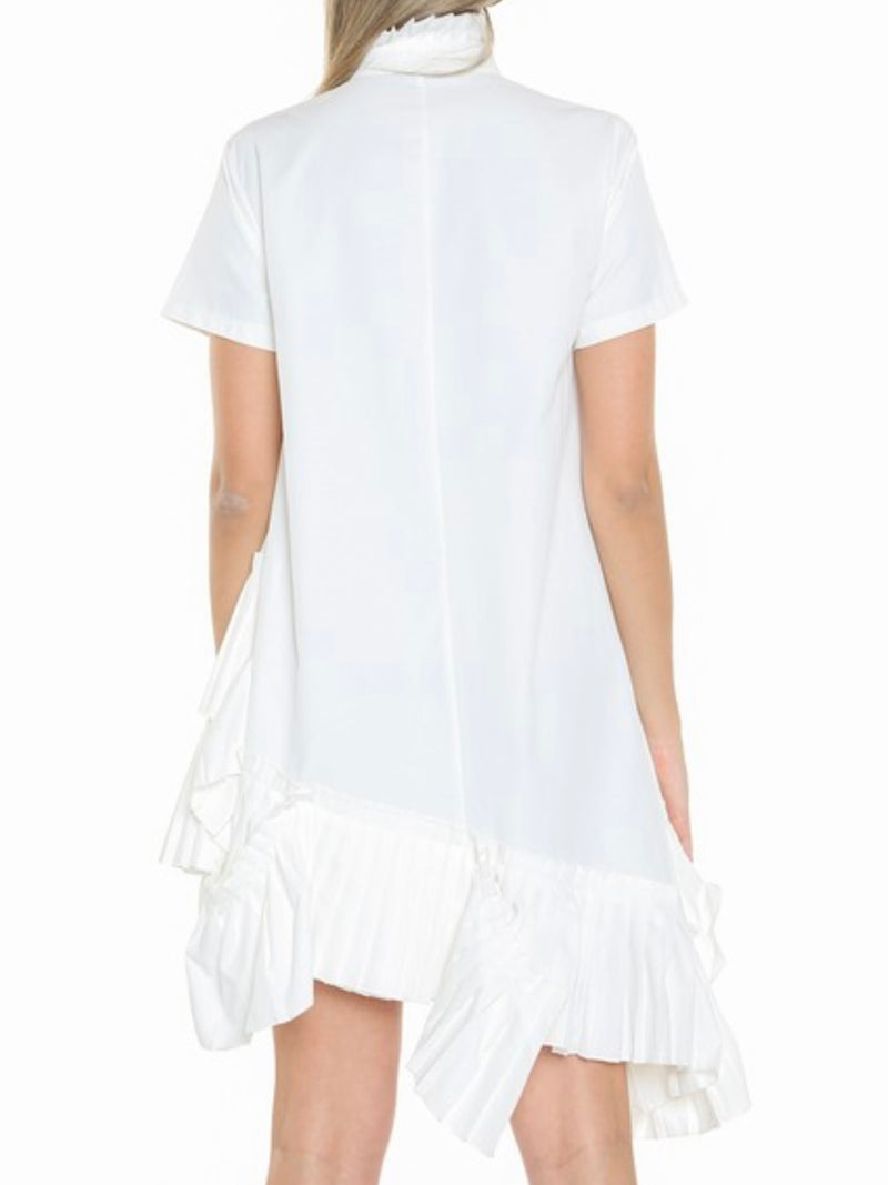 Frilled High Neck Uneven Hem Short Dress