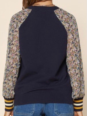 FLoral Sleeves Navy Light Sweater