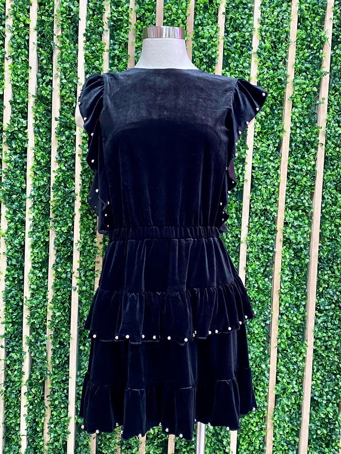 Black Velvet Ruffle Trim Dress