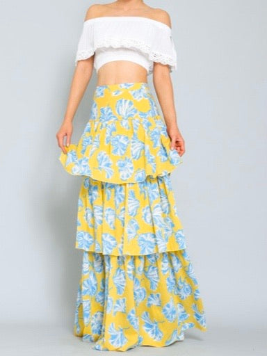 Yellow Floral Tiered Maxi Skirt