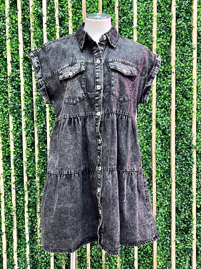 Charcoal Denim Collared Tiered Short Dress