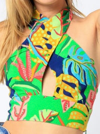 Green Tropical Crossed Neck Crop Top