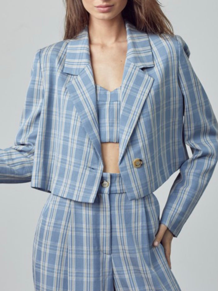 Blue Plaid Crop Blazer
