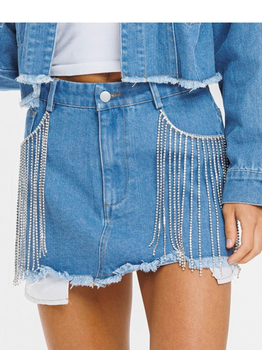 Rhinestone Detail Denim Short Skirt