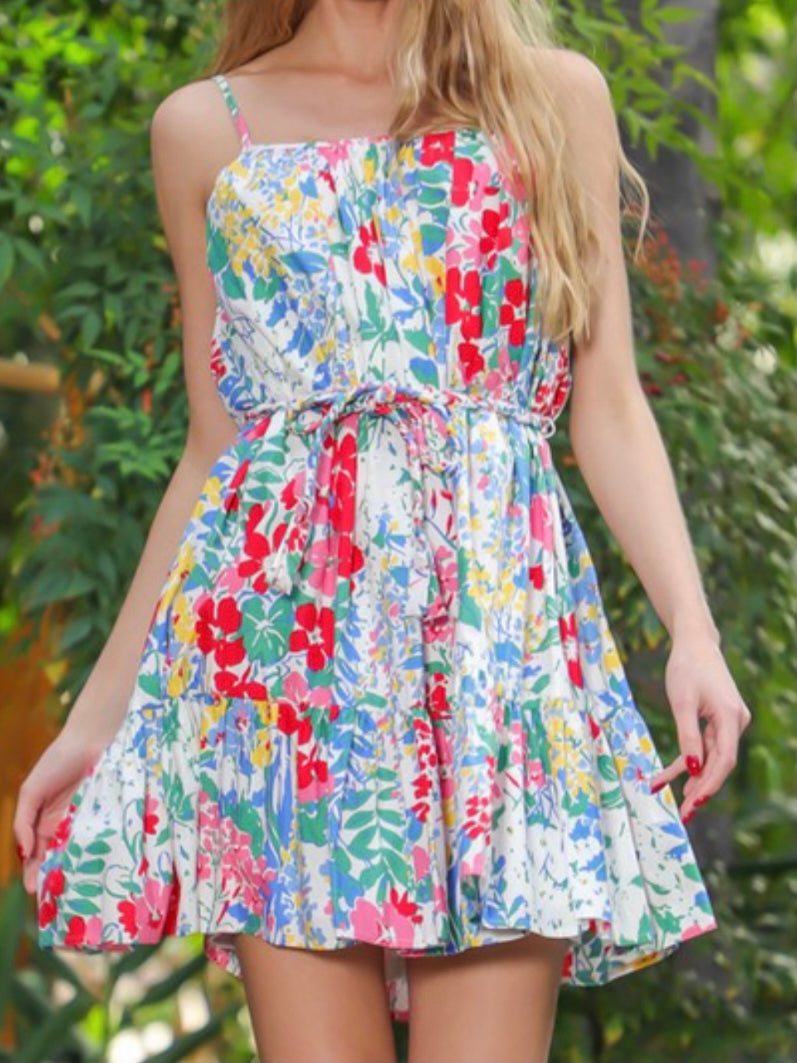 Multi Floral Strappy Tiered Short Dress