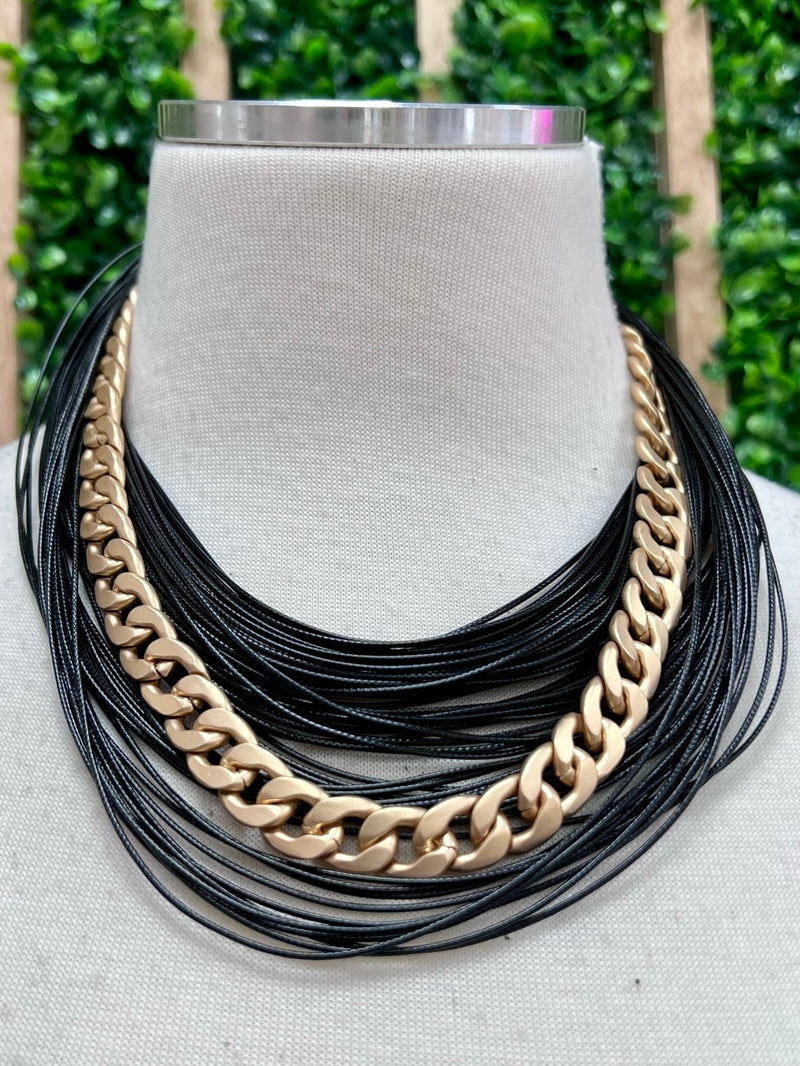 Black Cord Gold Chain Short Necklace