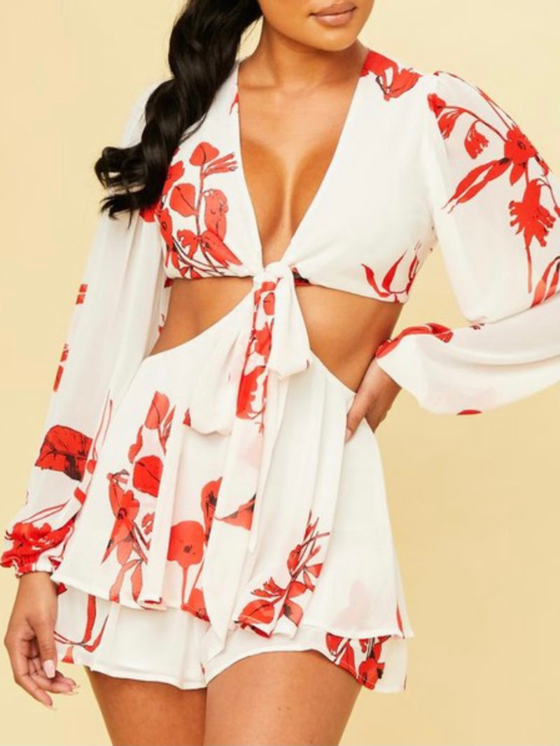 Red FLoral Cutout Romper