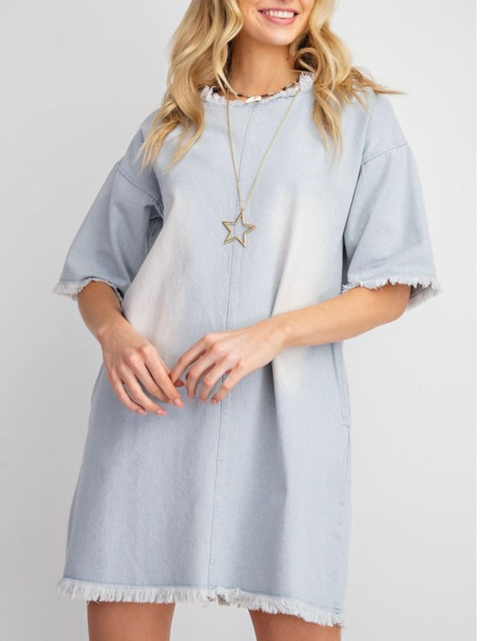 Light Denim Frayed Short Dress