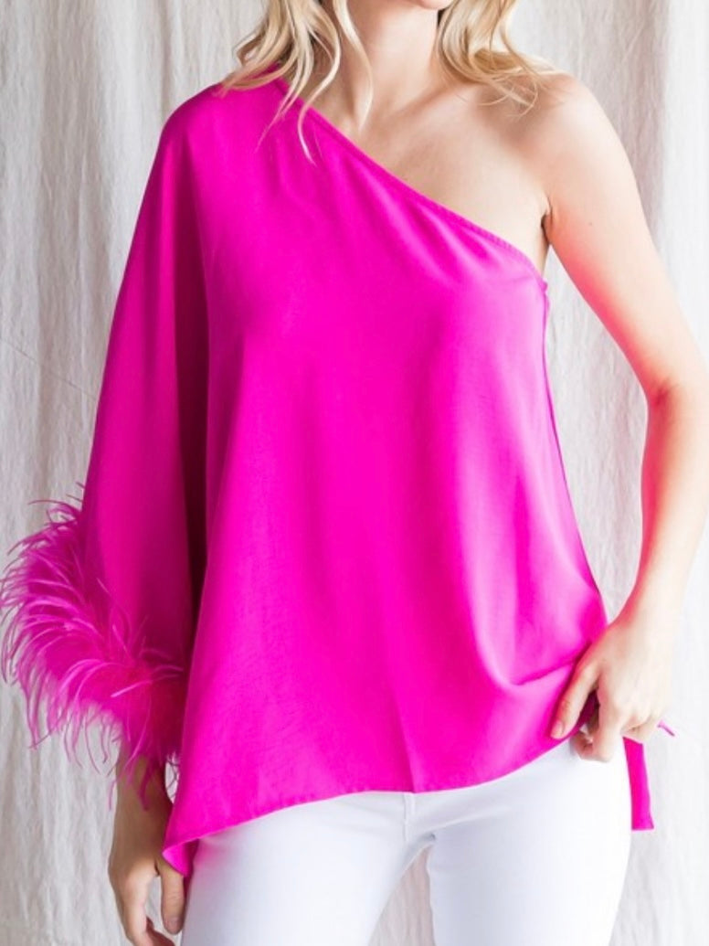 Hot Pink One Shoulder Feather Top