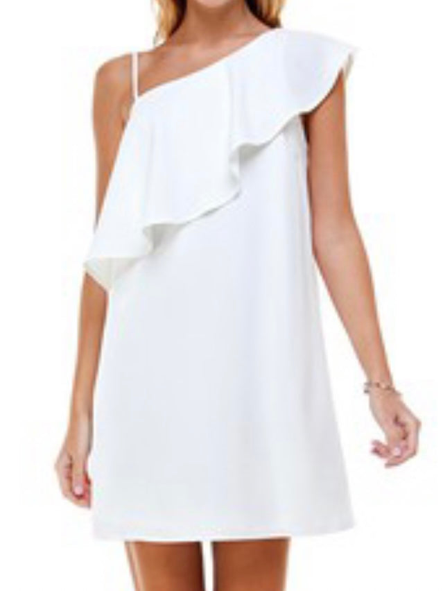 One Shoulder White Shift Dress