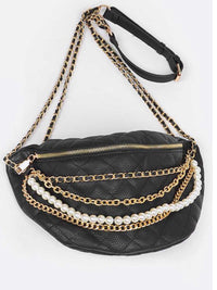 Black  Multi Chain Pearls Crossbody Fanny Pack