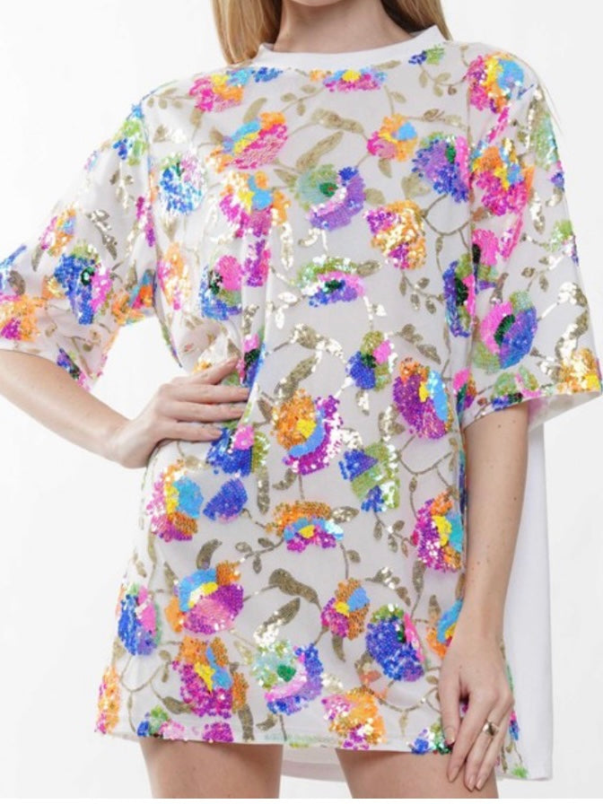 Floral Sequin Embroidered Shirt Dress