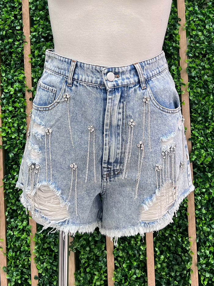 Rhinestone Fringe Flower Denim Short