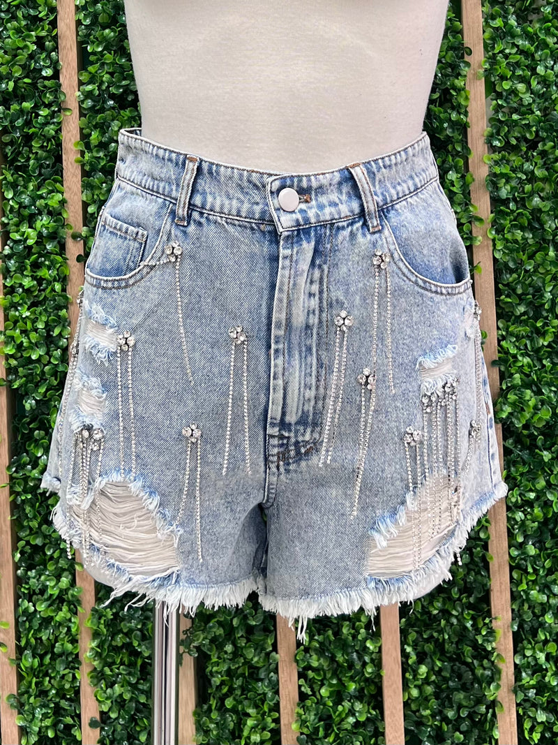 Rhinestone Fringe Flower Denim Short