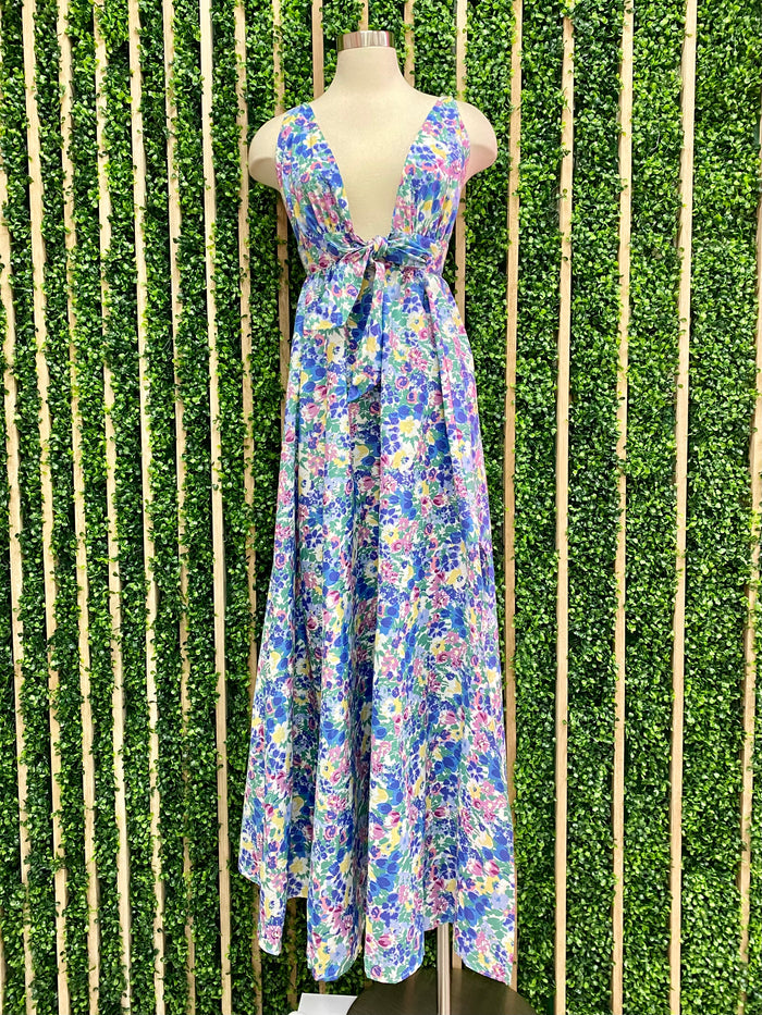 Blue Floral V Neck Tiered Maxi