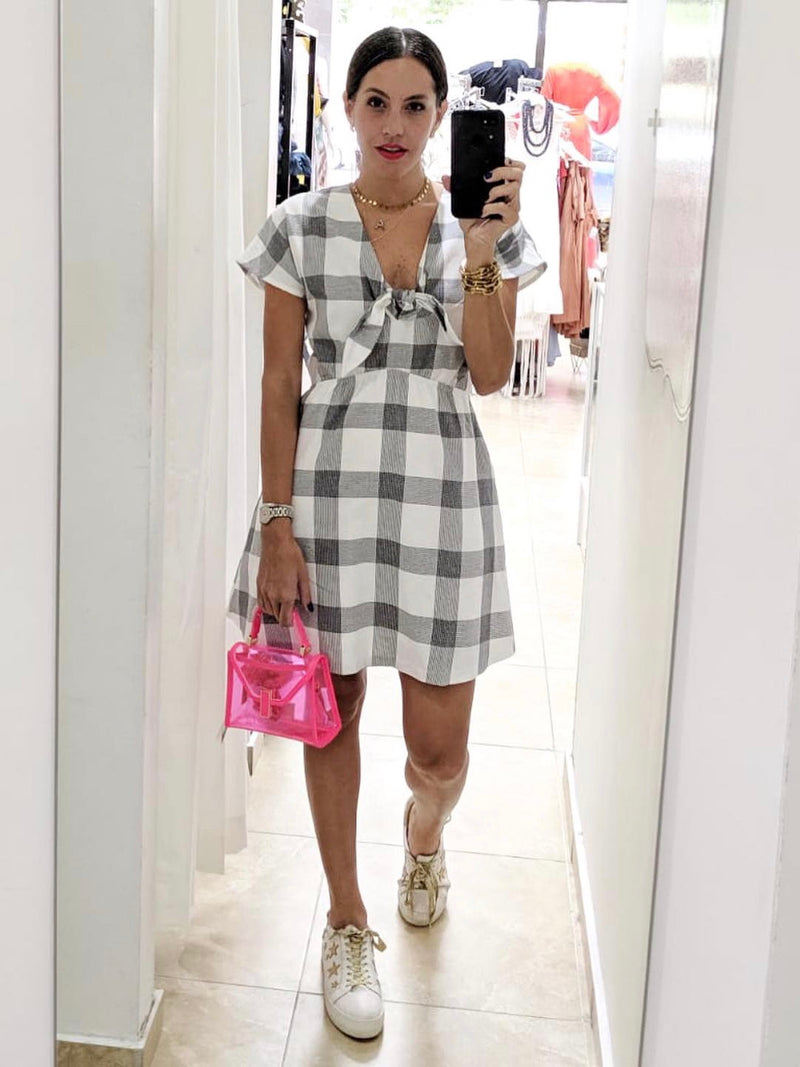 White Black Checkered Plaid Dress