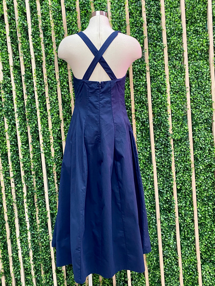 Delicate Navy Cross Back Midi Dress