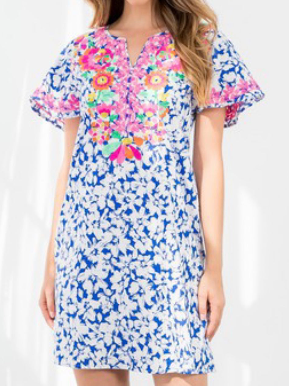 Blue Embroidered Flower Print Dress