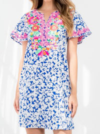 Blue Embroidered Flower Print Dress