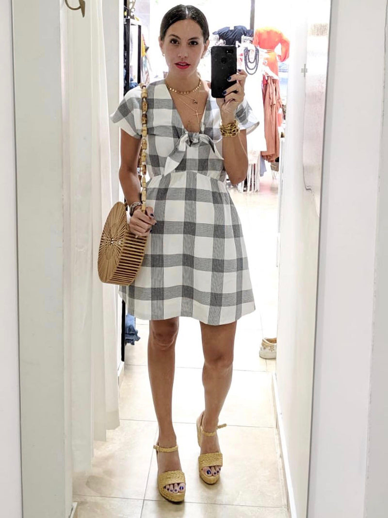 White Black Checkered Plaid Dress