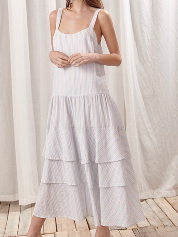 Pastel Rainbow Stripes Tiered Midi Dres