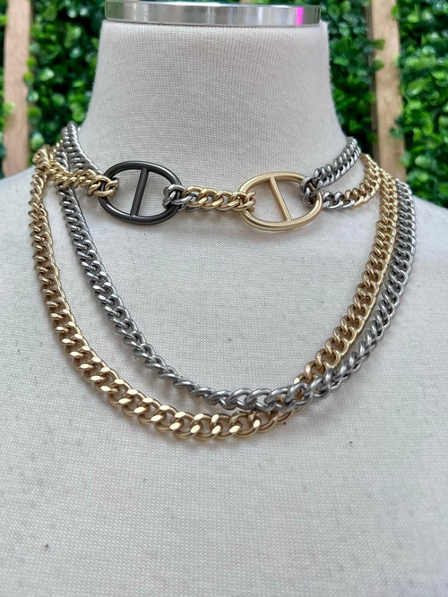 Gold Silver Long Gunmetal Buckle Necklace