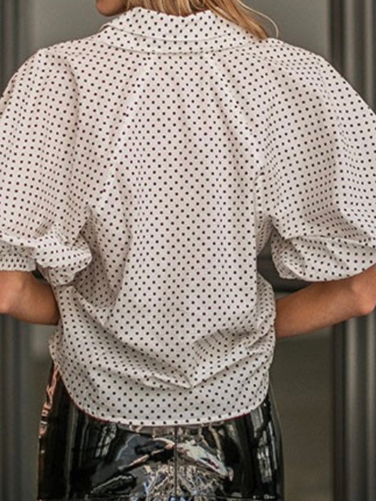 White Polka Dot Puff Sleeve Blouse