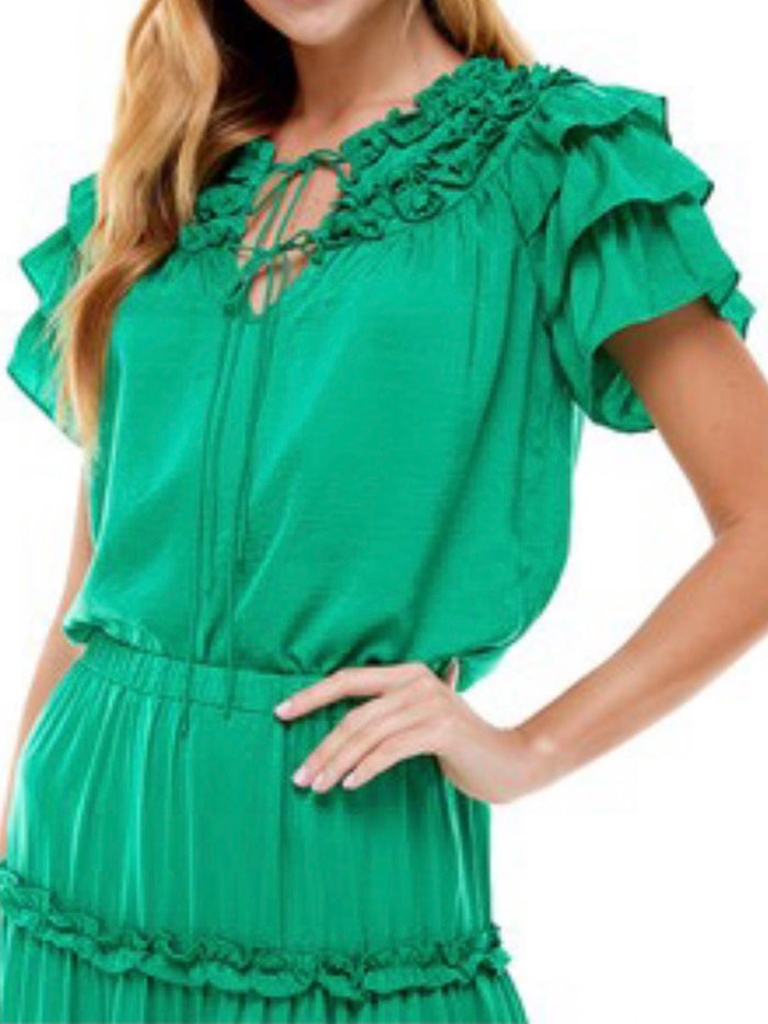 Kelly Green Puff Sleeve Ruffled Top