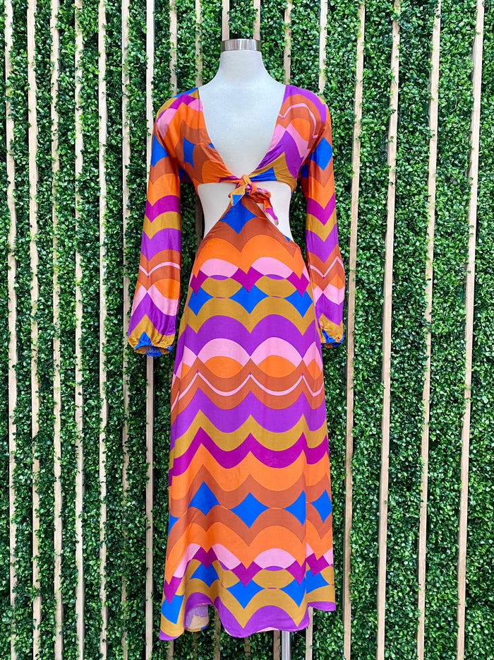 Bright Technicolor Print Cutout Midi Dress