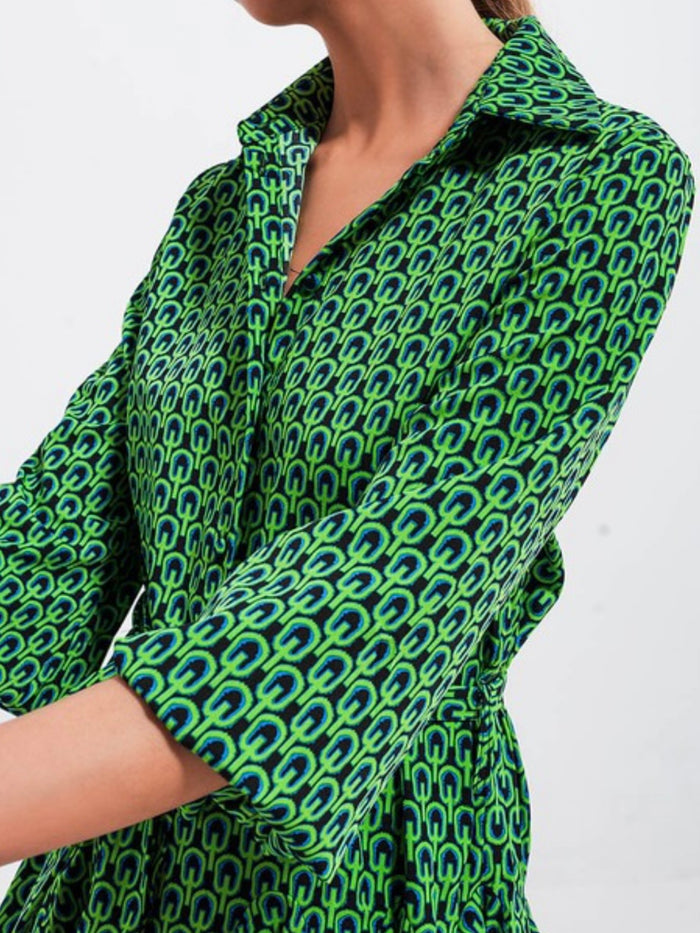 Geo Green Button Down Short Dress