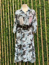 Blue Camo Sequin Pocket Midi Dress