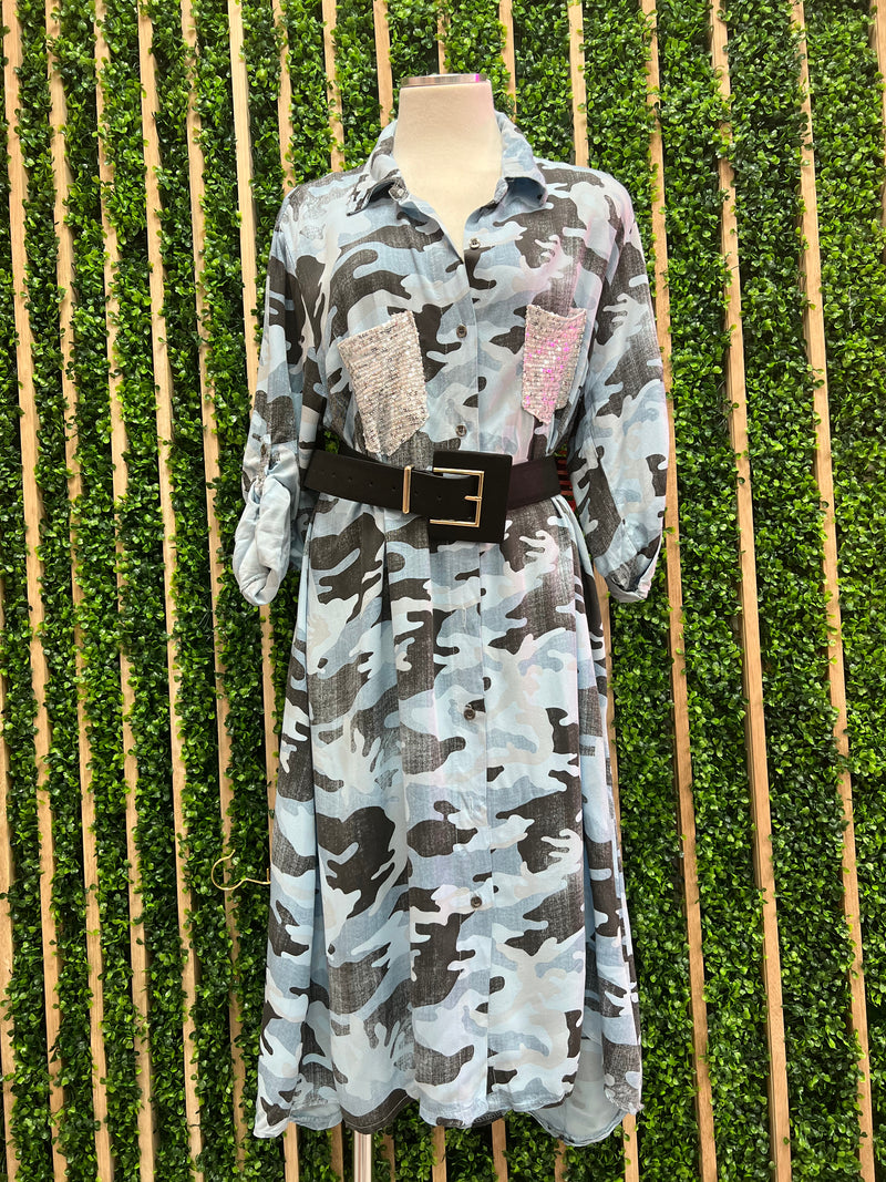 Blue Camo Sequin Pocket Midi Dress