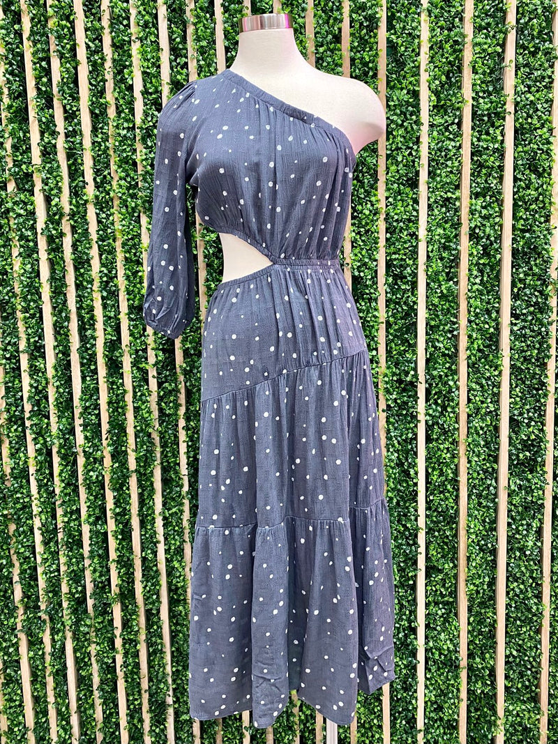 Charcoal Dots One Shoulder Maxi