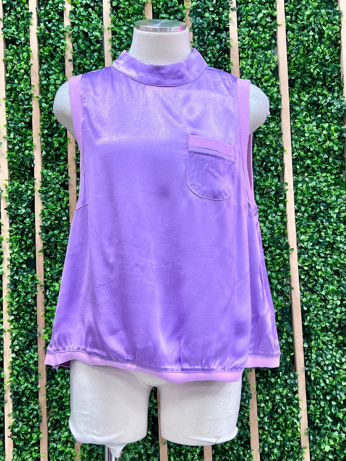 Lavender Rib Trim Satin Top