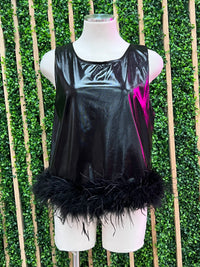 Black Metallic Feather Trim Top