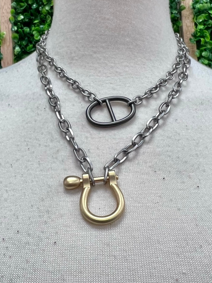 Silver Chain Gunmetal Buckle Short Necklace