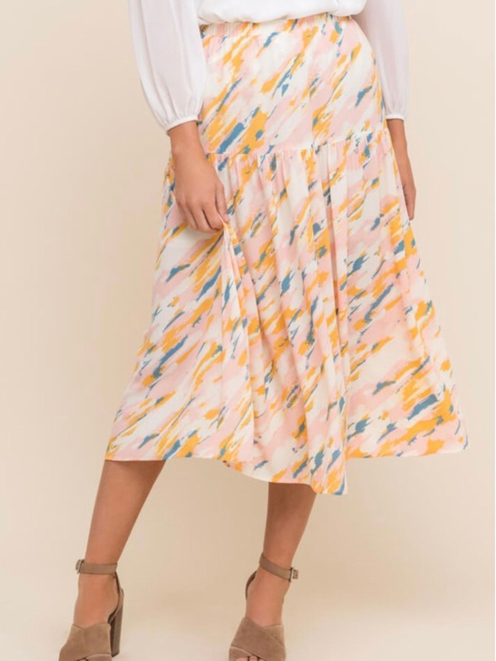 Blush blue print tiered midi skirt