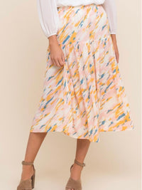 Blush blue print tiered midi skirt