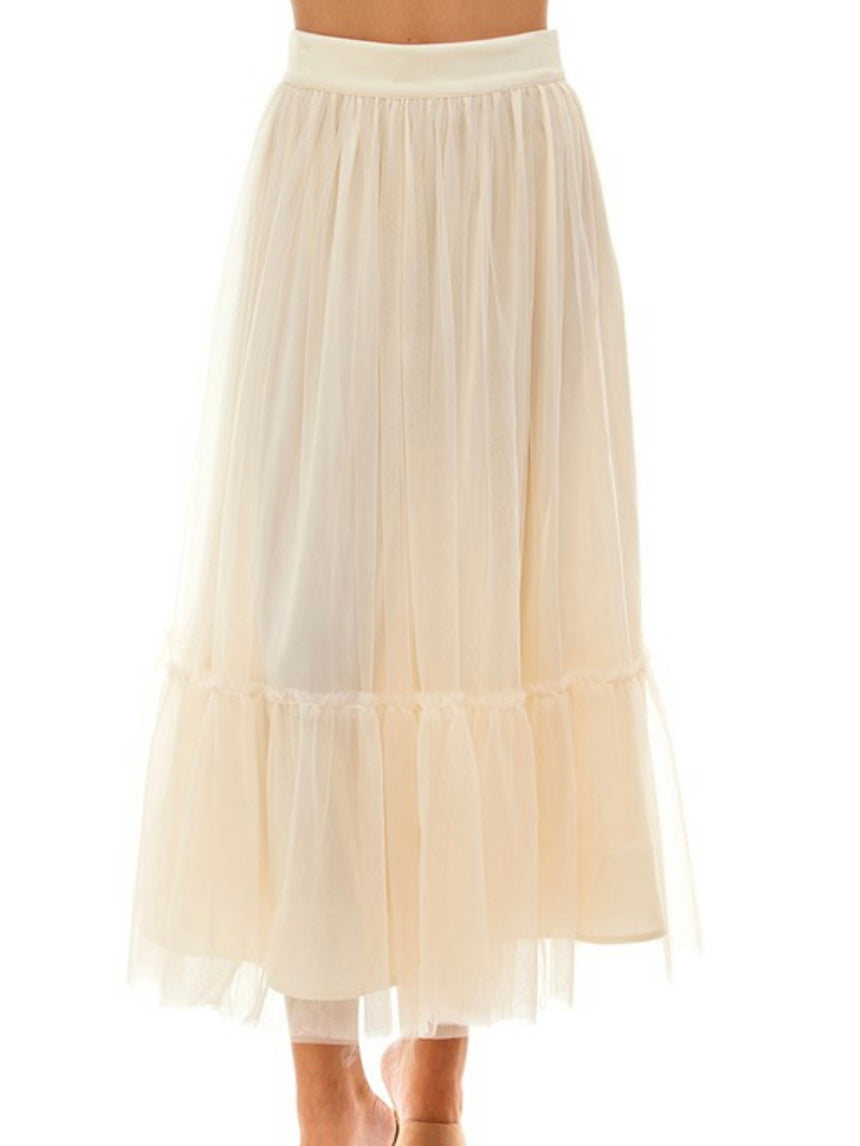 Cream Tiered TUlle Midi Skirt